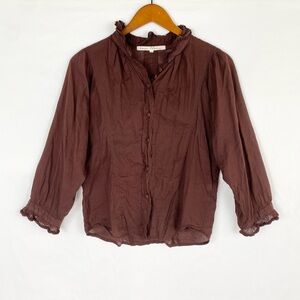 KARA THOMS Ruffle Button‎ Cotton Blouse Hand Made Maroon Lightweight Size Small